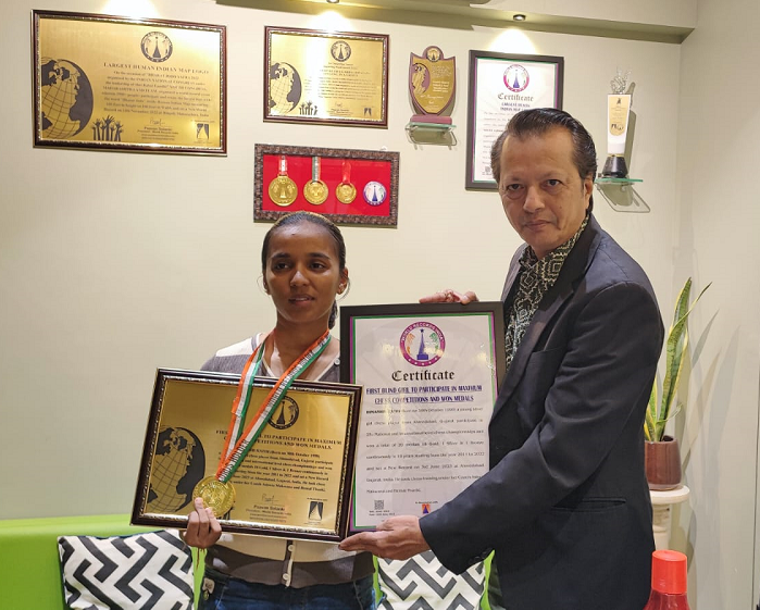 FIRST BLIND GIRL TO PARTICIPATE IN MAXIMUM CHESS COMPETITIONS AND WON MEDALS.